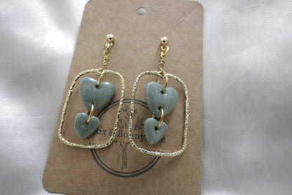 Gold Rectangular Earrings with Green Polymer Clay Hearts/ Bridal Earrrings