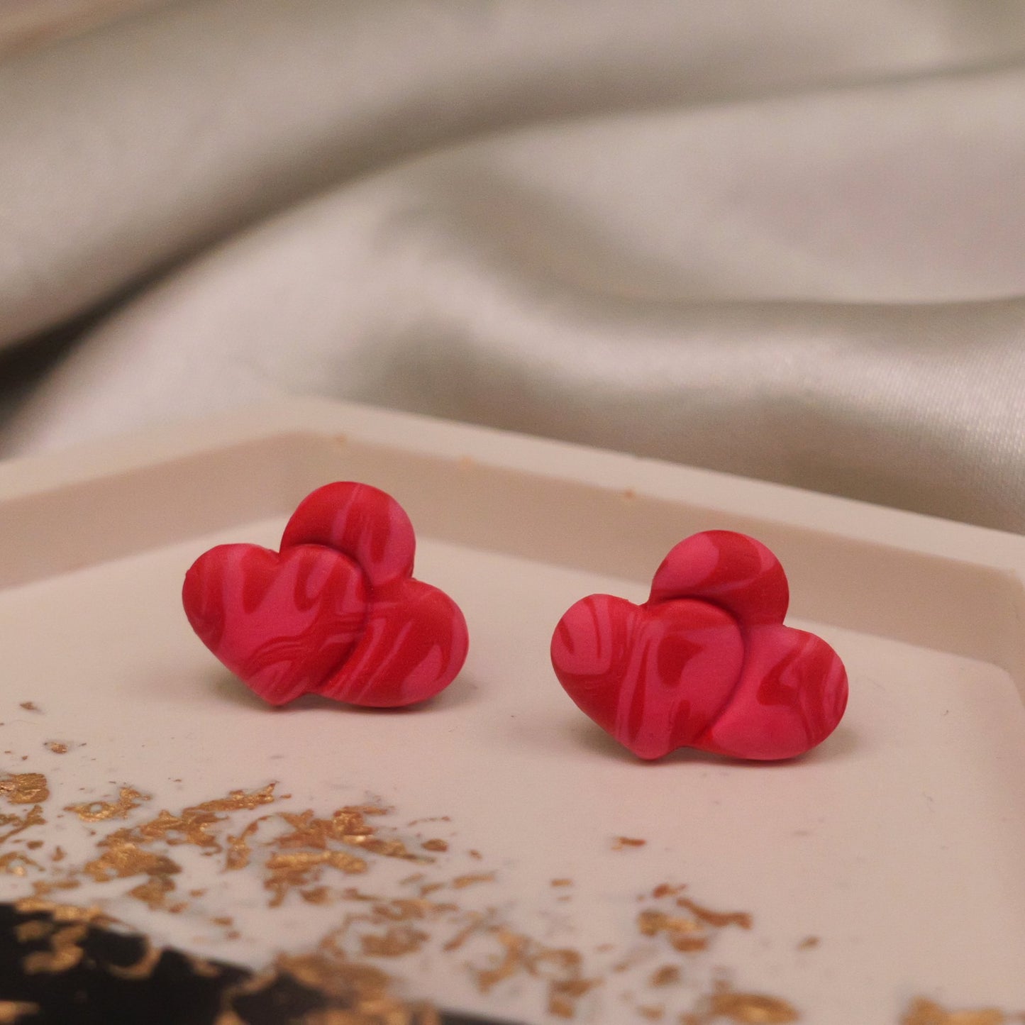 Textured Double Heart Studs - Red and Pink Swirls