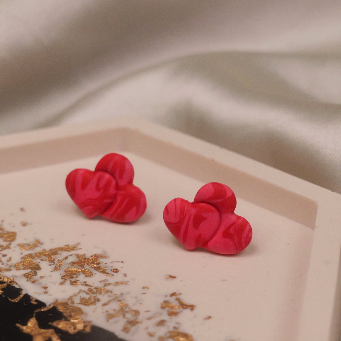 Textured Double Heart Studs - Red and Pink Swirls