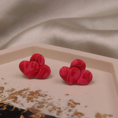 Textured Double Heart Studs - Red and Pink Swirls