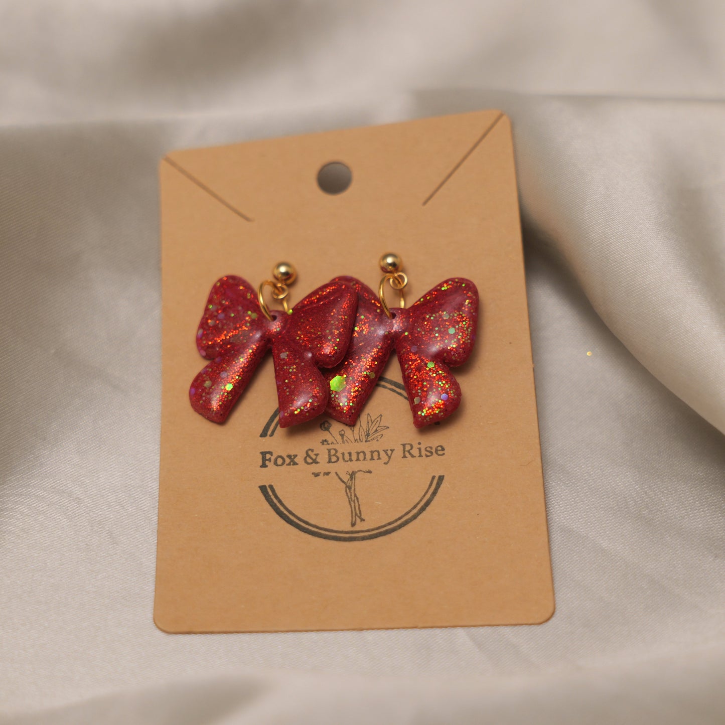 Glossy Glittery Red Bow Dangle Earrings