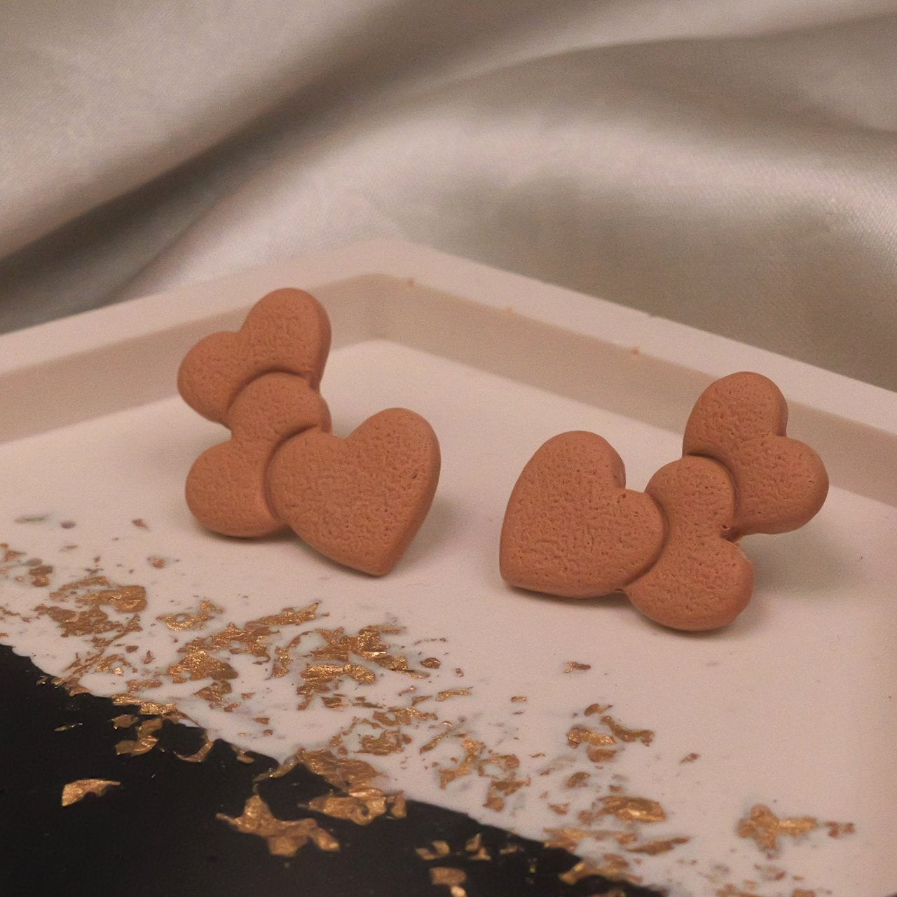 Textured Triple Heart Studs - Soft Wheat