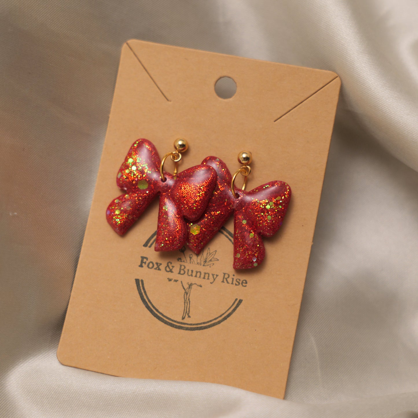 Glossy Glittery Red Bow Dangle Earrings