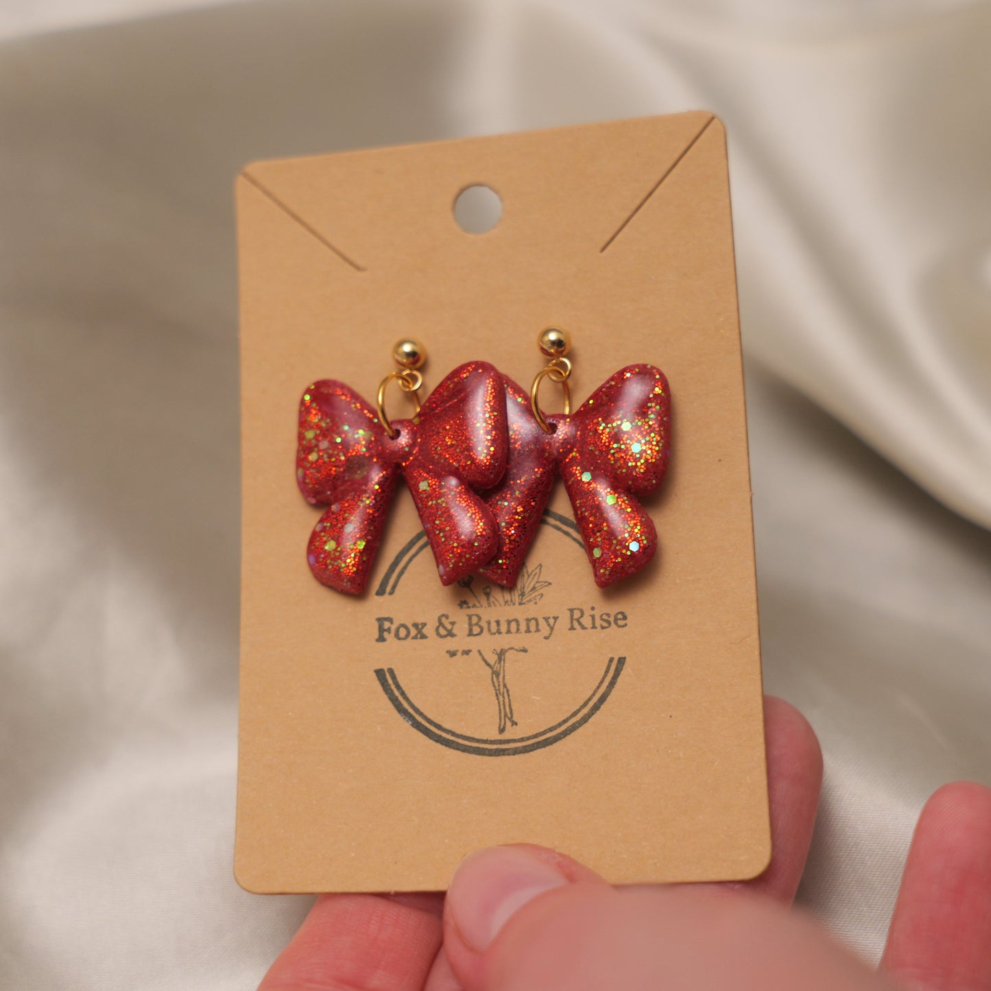 Glossy Glittery Red Bow Dangle Earrings