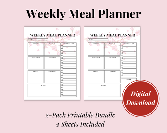 Cherry Blossom Weekly Meal Planner + Shopping List, Digital Download, 2 Sheets