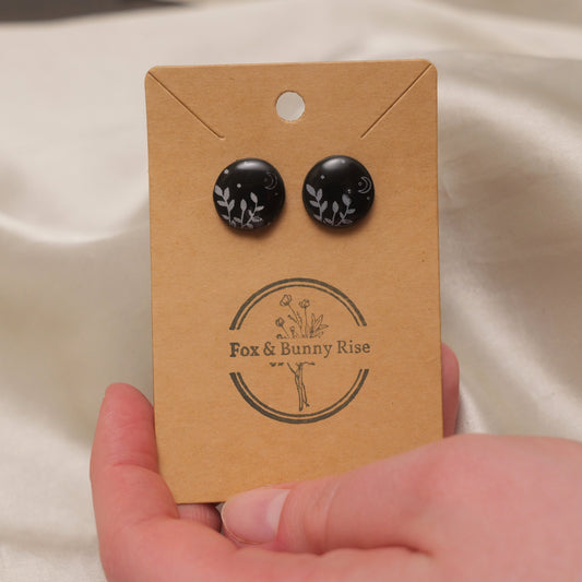 Black with White Nature Design Stud Earrings