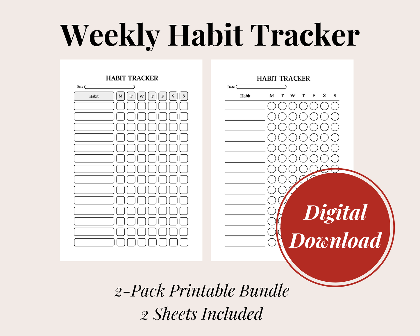 Minimalistic Habit Tracker, Digital Download, 2 Sheets