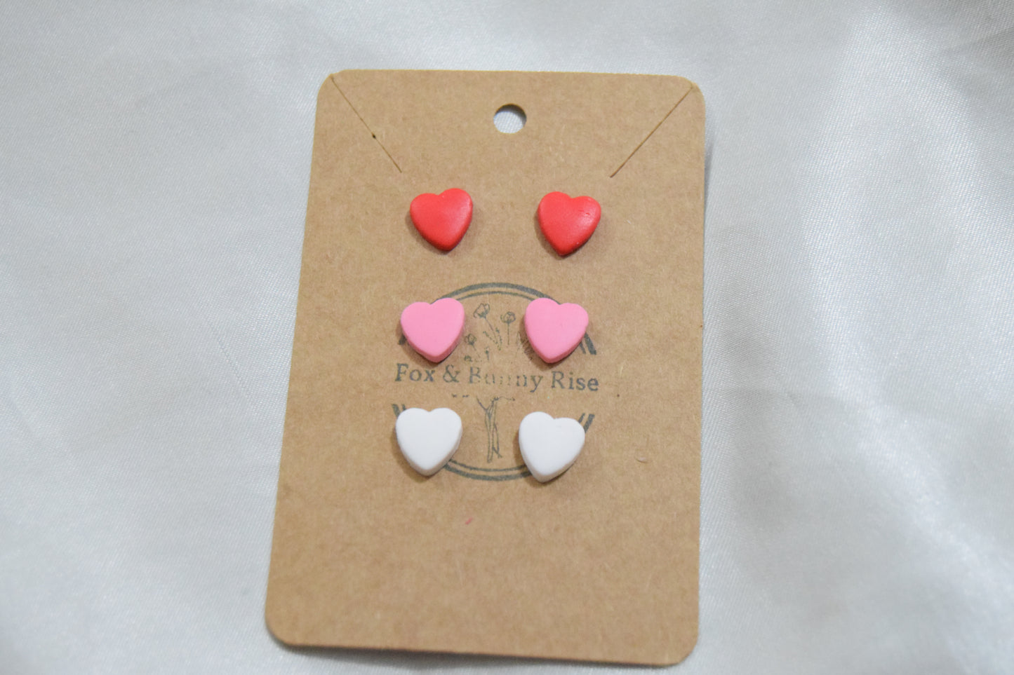 Polymer Clay Pink, Red and White Heart Stud Earrings Set