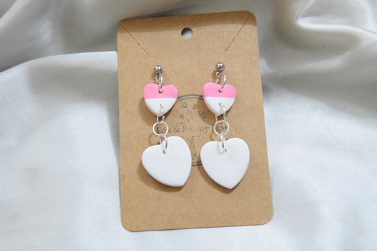 Polymer Clay Pink and White Dangling Heart Earrings