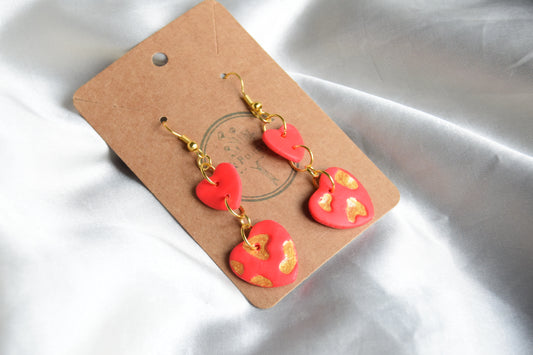 Polymer Clay Gold Glitter and Red Heart Dangling Earrings