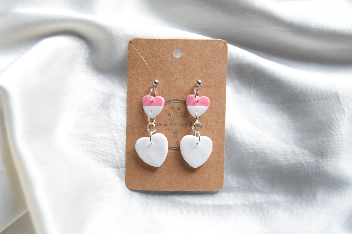 Polymer Clay Pink and White Dangling Heart Earrings