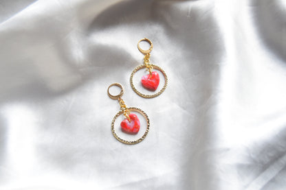 Polymer Clay Marble Red Heart and Gold Metal Circle Dangling Earrings