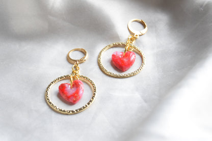 Polymer Clay Marble Red Heart and Gold Metal Circle Dangling Earrings
