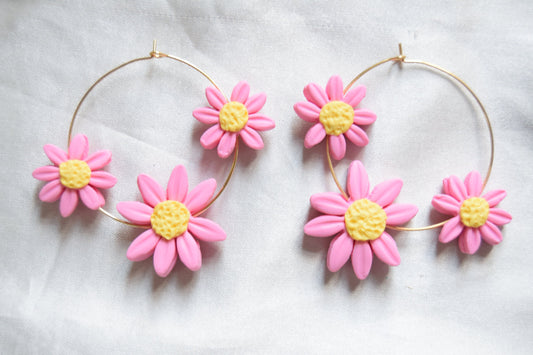 Polymer Clay Pastel Pink Multi Daisy Hoops