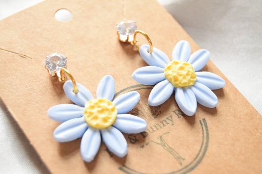 Polymer Clay Pastel Blue Daisy Dangles with Cubic Zirconia