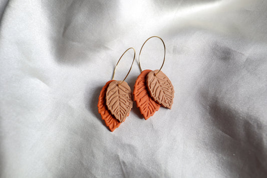 Polymer Clay Double Leaf Hoop Earrings - Orange and Brown