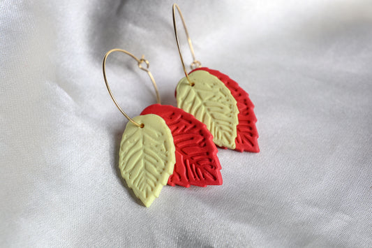 Polymer Clay Double Leaf Hoop Earrings - Red and Yellow